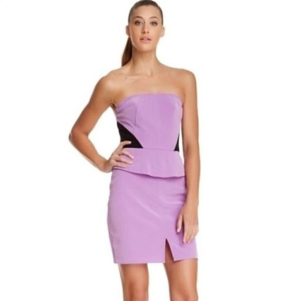 NEW ABS Allen Schwartz Purple & Black Peplum Strapless Mini Dress 8